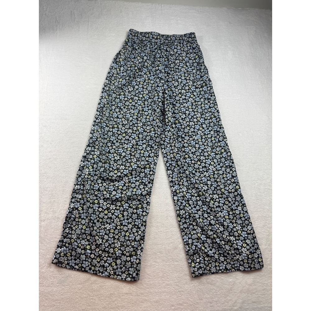 H&M Divided Floral Wide Leg Pants Blue Yellow‎ Black Elastic Waist Size 4